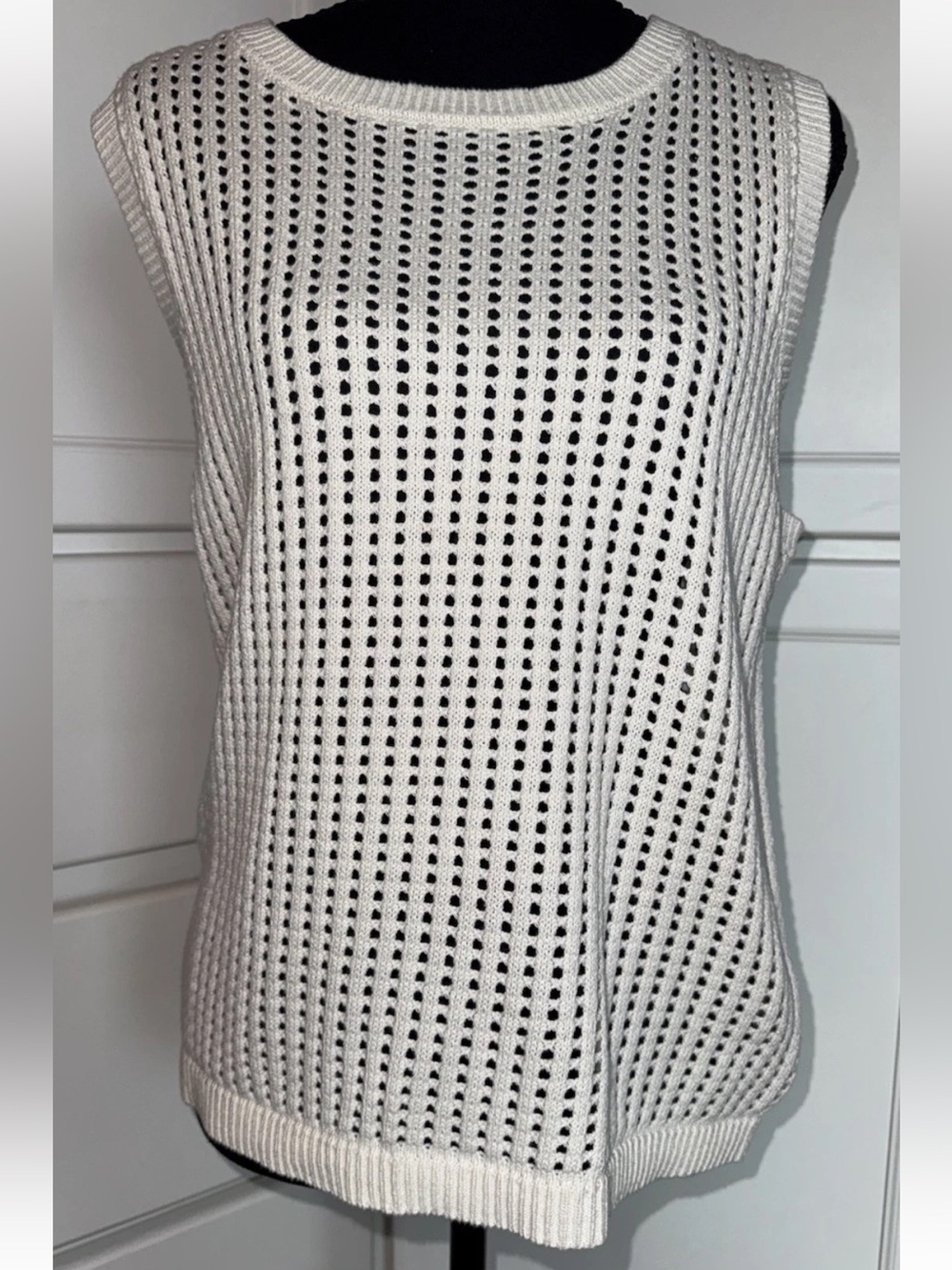 CeCe Ivory Open Knit Cotton Sweater Tank L Coastal Summer Layering